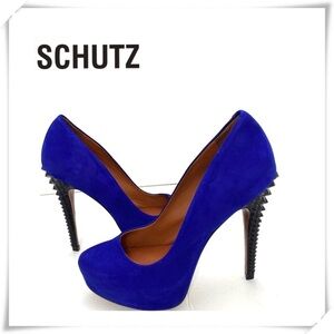 Schutz Suede Platform Pumps Heel Blue and Black